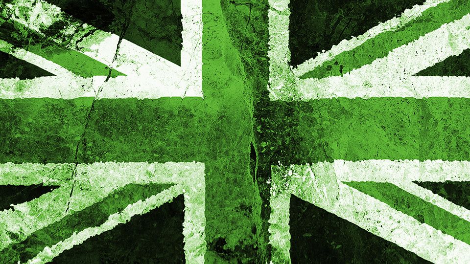 Union Jack flag representing green and environmental actions in the United Kingdom of Great Britain