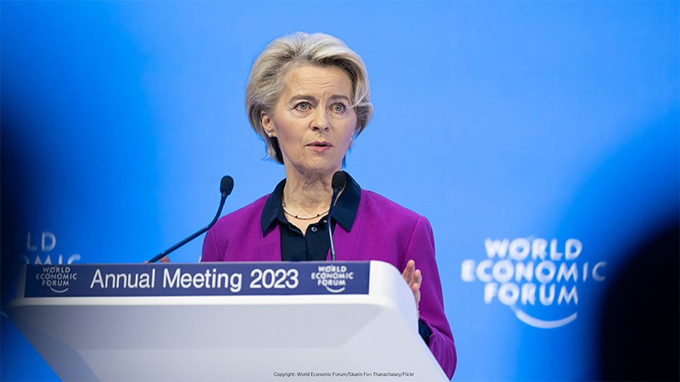 Ursula von der Leyen, President of the European Commission speaking in the Special Address by Ursula von der Leyen, President of the European Commission session at the World Economic Forum Annual Meeting 2023 in Davos-Klosters, Switzerland, 17 January. Congress Centre - Congress Hall. Copyright: World Economic Forum/Sikarin Fon Thanachaiary