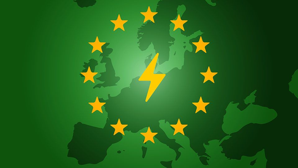 symbol of electric energy on green european union flag and map background.