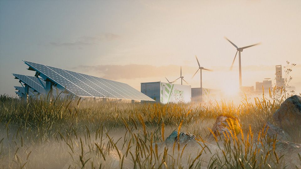 Concept of renewable energy solution in beautiful morning light. Installation of solar power plant, container battery energy storage systems, wind turbine farm and city in background. 3d rendering.