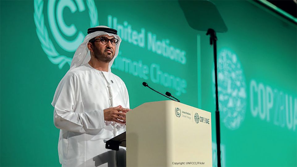 H.E. Dr. Sultan Ahmed Al Jaber, President-designate of COP 28/CMP 18/CMA 5 speaks onstage during the UNFCCC Formal Opening of COP28 at the UN Climate Change Conference COP28 at Expo City Dubai on November 30, 2023, in Dubai, United Arab Emirates. (Photo by COP28 / Mark Field)