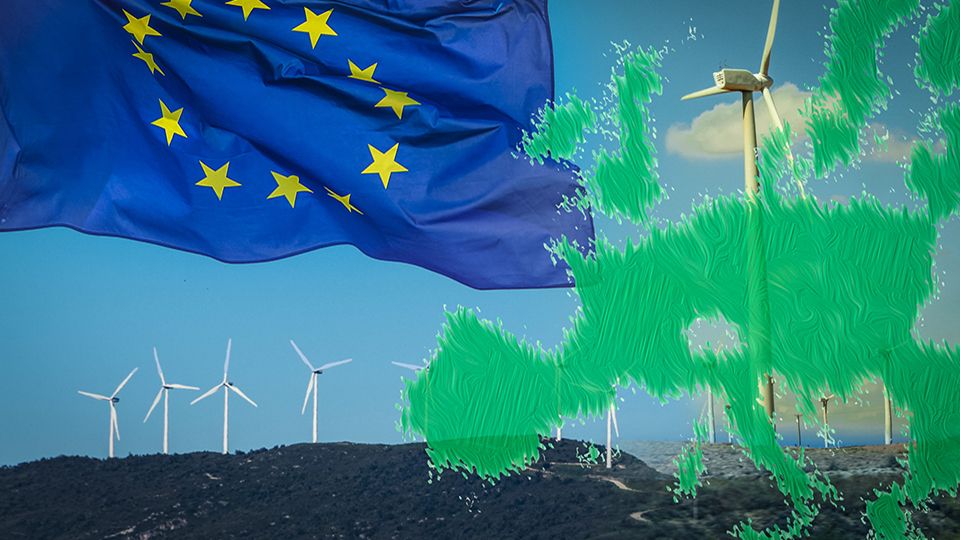 Wind turbines with EU flag and EU green map. Alternative energy sources in European Union. EU will revise the Renewable Energy Directive to ensure that the target of at least 27% renewable by 2030