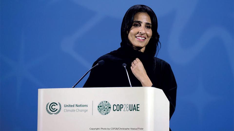 DECEMBER 4: H.E Razan Al Mubarak, UN High-Level Champion for COP28 speaks during High-Level Dialogue on Gender-Responsive Just Transitions & Climate Action at Al Waha Theater during the UN Climate Change Conference COP28 at Expo City Dubai on December 4, 2023, in Dubai, United Arab Emirates. (Photo by COP28 / Christophe Viseux)