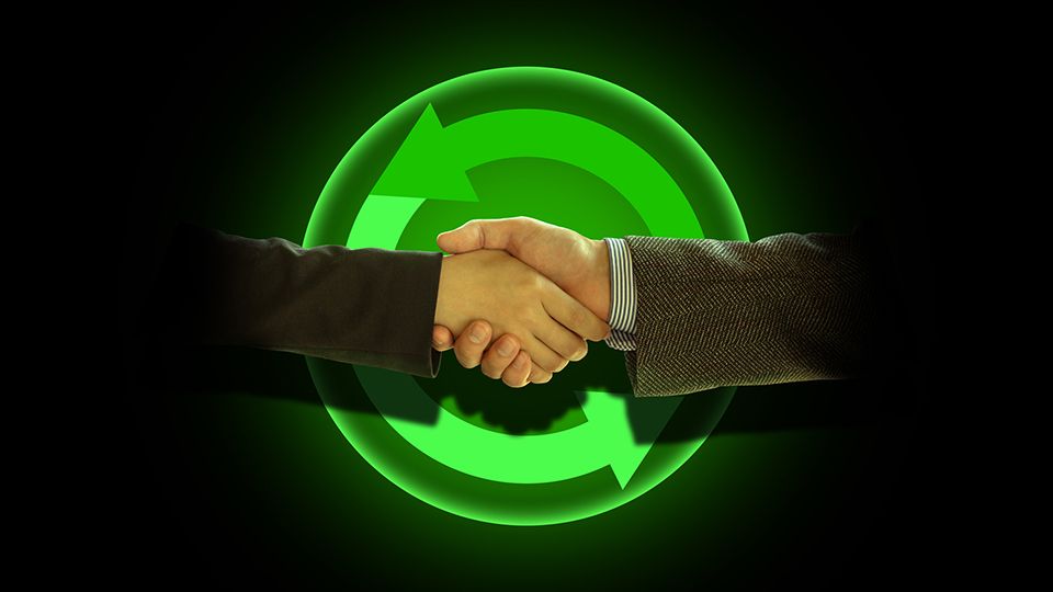 Human hands shaking symbolizing partnership and cooperation among companies. Successful deal. Contemporary art collage. Concept of business, office, career development, achievement. Dark mode