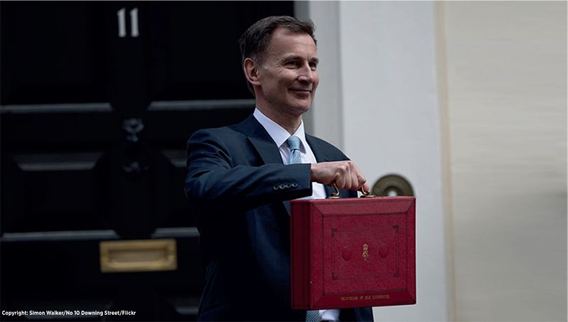 London, United Kingdom. Chancellor of the Exchequer Jeremy Hunt holds his ministerial box as he leaves 11 Downing Street to deliver the governments annual Budget. Picture by Simon Dawson / No 10 Downing Street