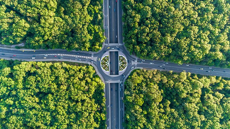 Time lapse aerial view looking down on traffic circle in the middle of a beautiful forest. The scene is situated in Sofia, the capital city of Bulgaria (Eastern Europe). The picture is taken with DJI Phantom 4 Pro video drone.