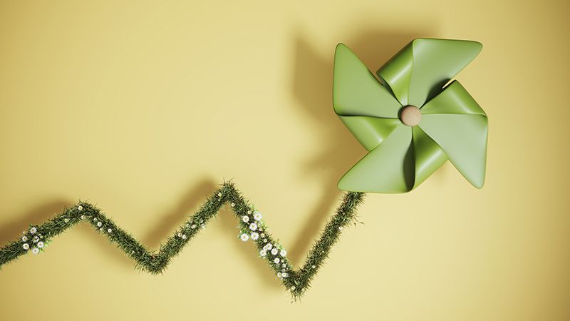 ESG concept with wind turbine paperand grassy chart on yellow background. (3d render)
