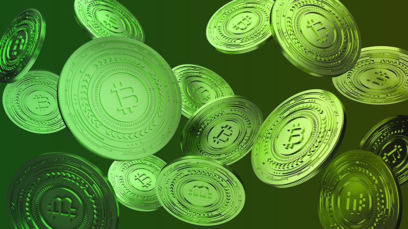 Bitcoin 3d render background. Green Bitcoin background.