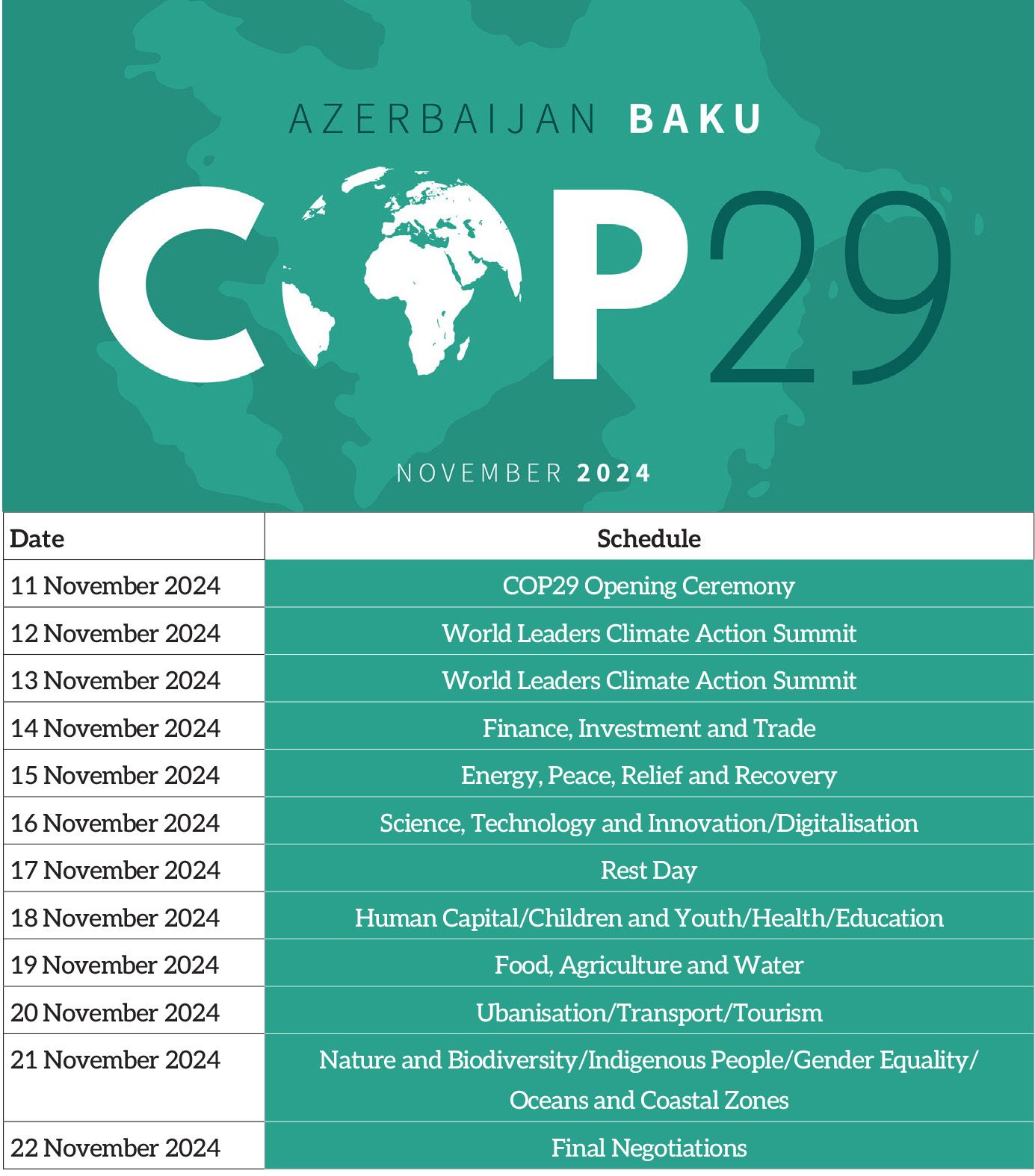 COP29 timetable