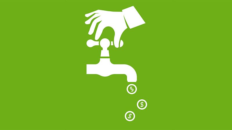 Money tap black icon. Vector illustration flat design. Isolated on yellow background. Open a water tap, gold coins fall. Finance faucet. Achievement success. Cash flow concept.