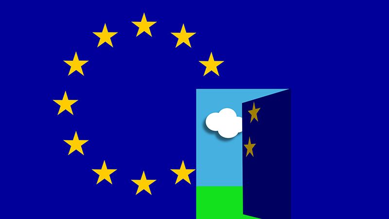 Huge EU European Union flag with a door opening into a landscape with blue sky and green grass.