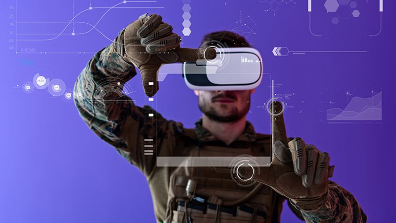 modern warfare futuristic soldier using virtual reality glasses on purple background as concept of artificial intelligence on Hud screen display