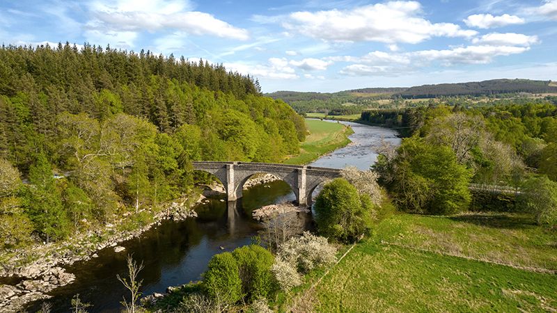 Drone photo of a bridge over the River Dee near the town of Banchory