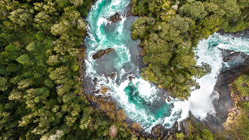 Aerial view of Huilo Huilo river near to Saltos del Petrohue in southern Chile