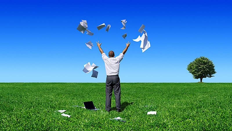 Businessman on green field and the blue sky in the background.