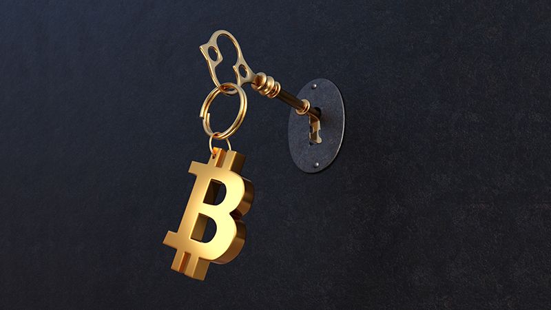 Old golden key with a bitcoin key holder put into a rusty metallic door. Illustration of the concept of the key to successful investment in cryptocurrencies