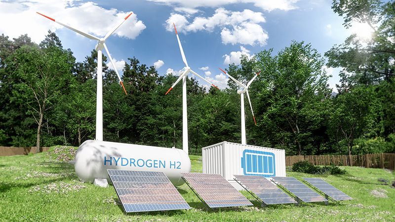 Hydrogen Storage Compartment, Wind Turbines And Solar Panels In The Forest