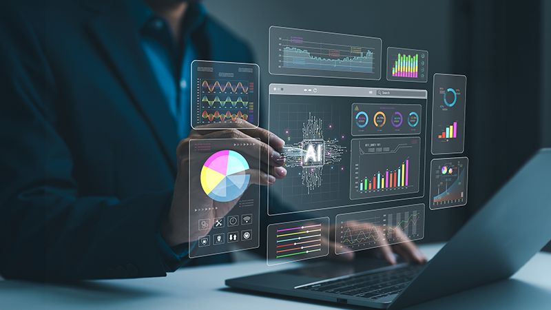 Businessman analysis enterprise data management by AI artificial intelligence technology. Business analytics dashboard charts, metrics, KPI to improve, insight report for operation. Analyst marketing,