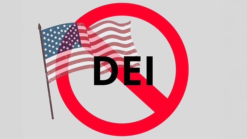 DEI rollback concept. Diversity, Equity and Inclusion program concept. Forbidden sign with american flag and the words DEI